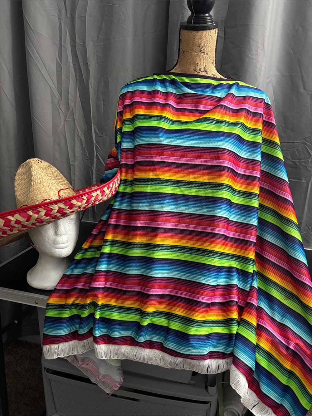 Vibrant Rainbow Striped Poncho costume with sombrero